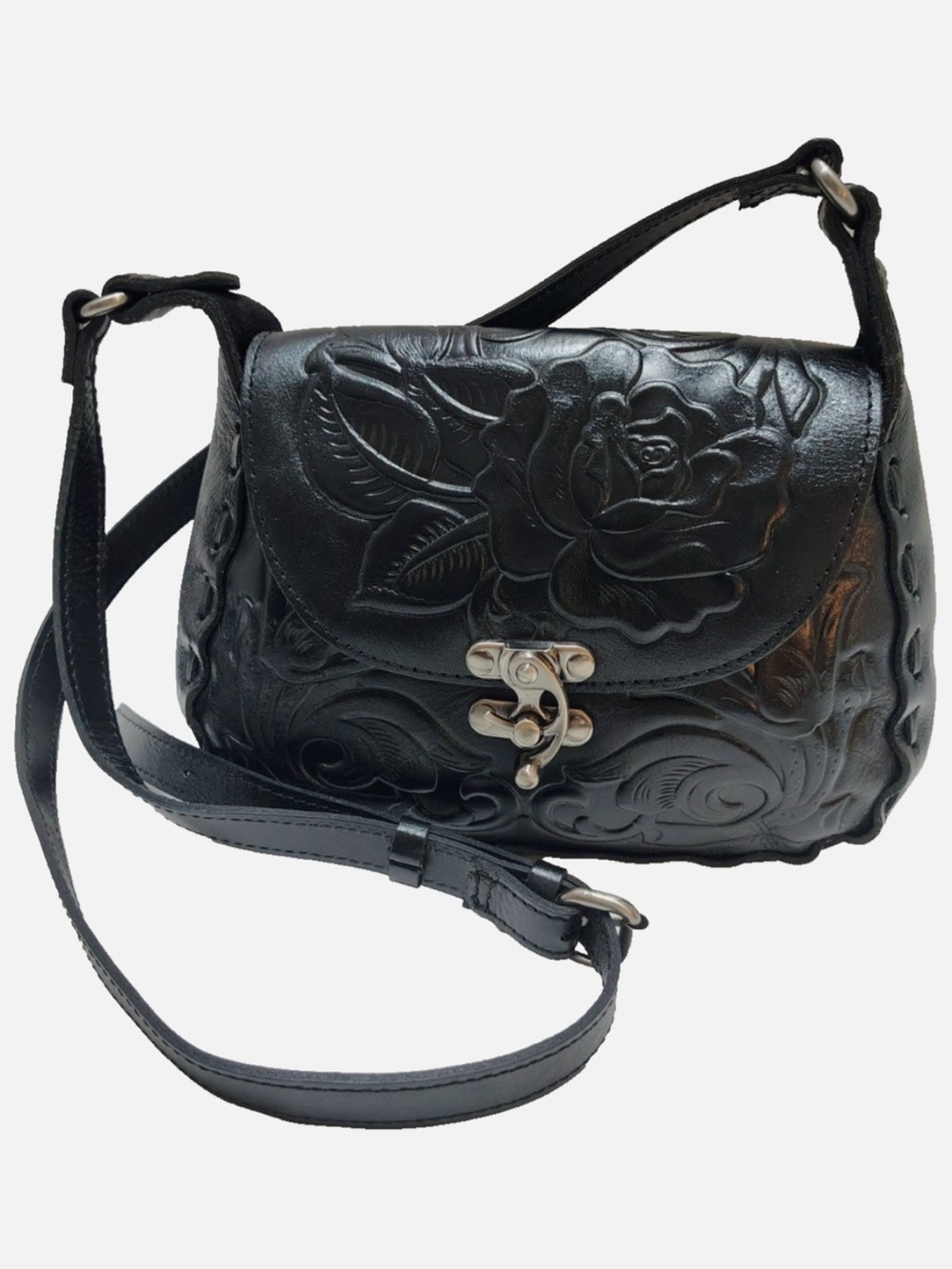 Patricia Nash Black Floral Embossed Leather Crossbody New